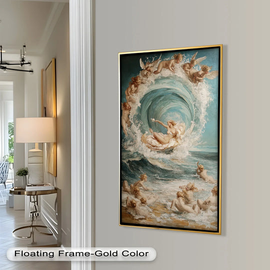 Classical goddess with cherubs in a swirling wave is the loudest element in this 'Birth of the Wave' oil painting art prints.