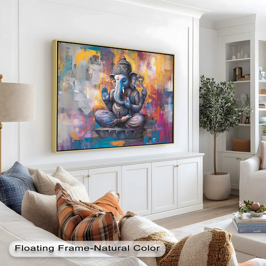 A dynamic depiction of Ganesha in shades of violet, blue, and pink, surrounded by expressive brushstrokes in a contemporary art style.