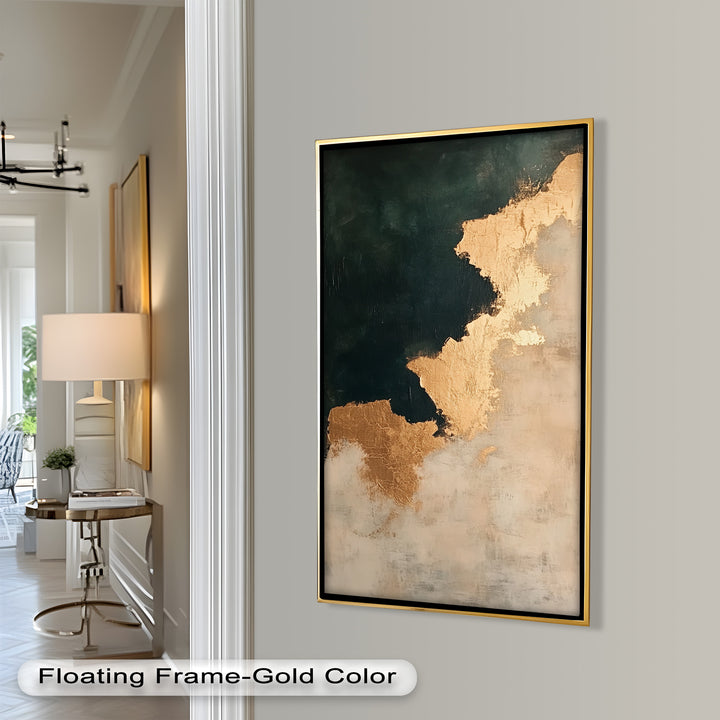 Golden Drift – Minimalistisches abstraktes Ölgemälde in Gold und Dunkelgrün