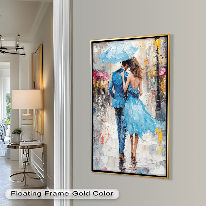 Romantic Couple Strolling in Rain - Love Oil Painting