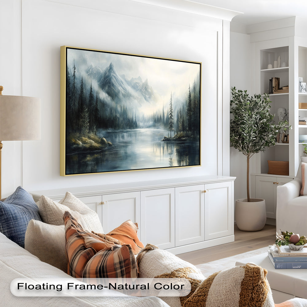Rendered in cool tones of blue and gray, the artwork evokes tranquility, solitude, and the untouched majesty of nature.