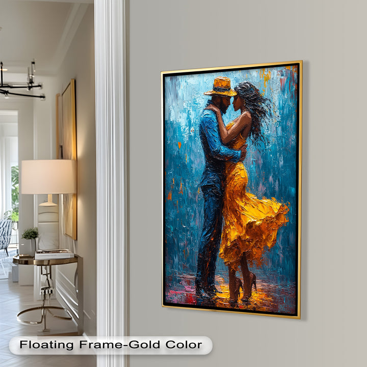 Midnight Embrace – Vibrant Couple in Yellow Dress Oil Painting