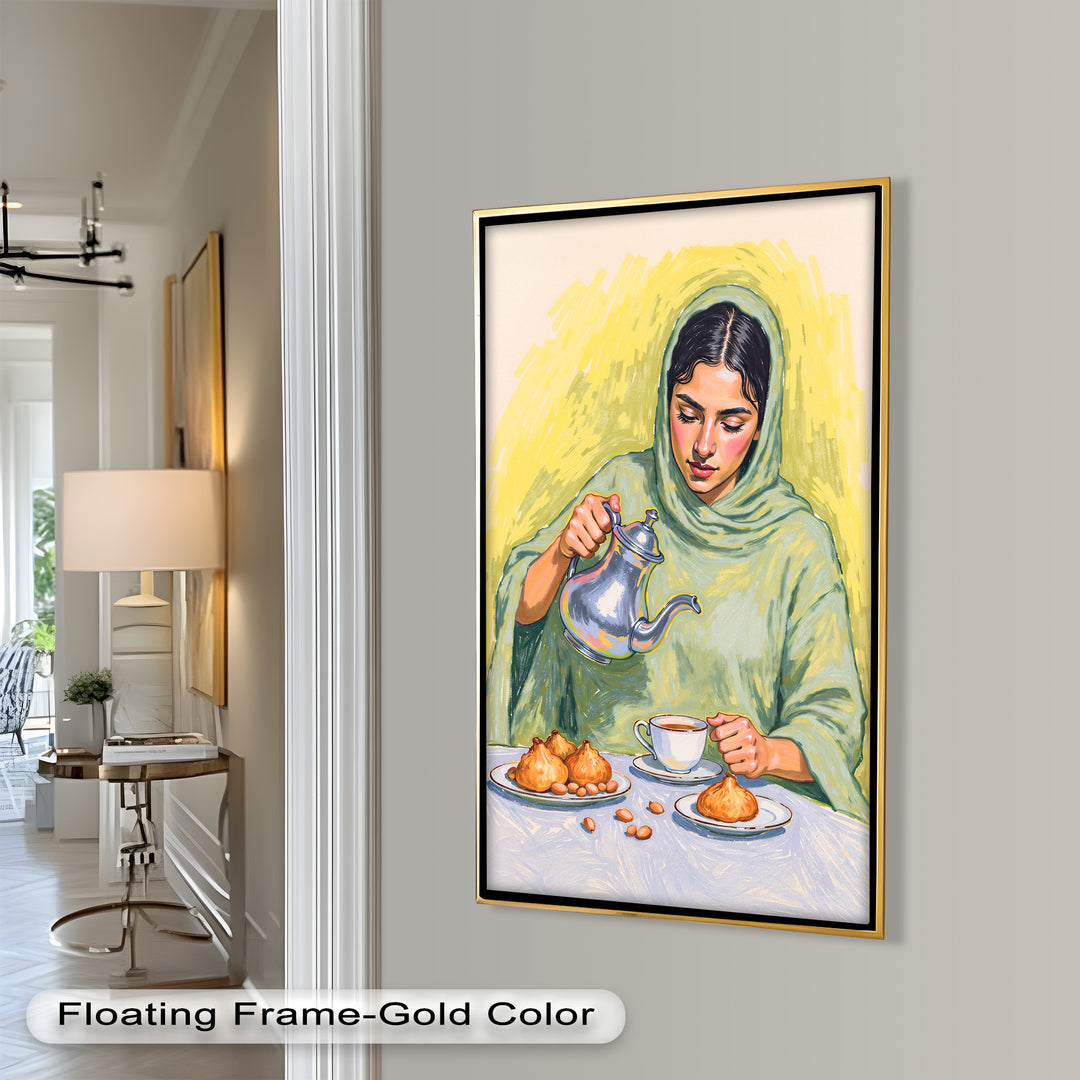 Woman Pouring Tea with Traditional Sweets - Food Painting