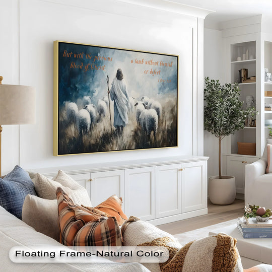 Biblical artwork depicting Christ leading sheep in a misty field.
