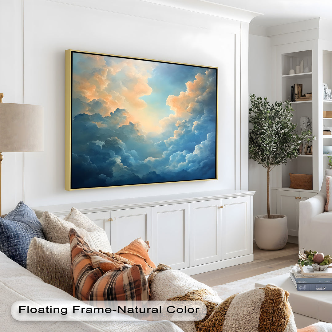 A peaceful yet dramatic cloud formation fills the canvas, as golden light filters through the edges of towering clouds, creating a stunning contrast between warmth and coolness.