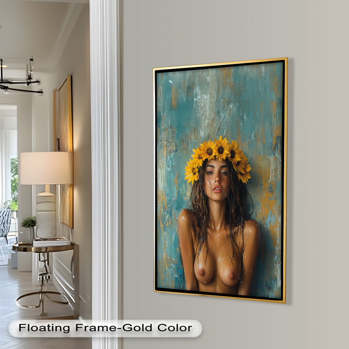 Sun-Kissed Solstice – Woman with Sunflower Crown Abstract Oil Painting
