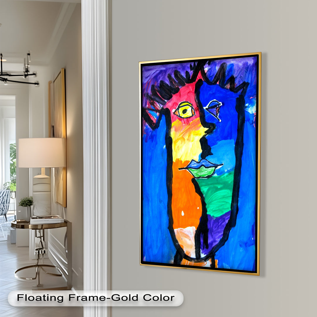 A colorful abstract face painting with bold black outlines and vivid blocks of blue, orange, green, and purple.