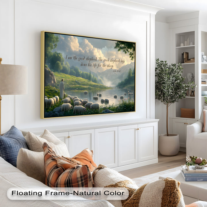 Spiritual-themed painting illustrating John 10:11 with a shepherd and his flock.
