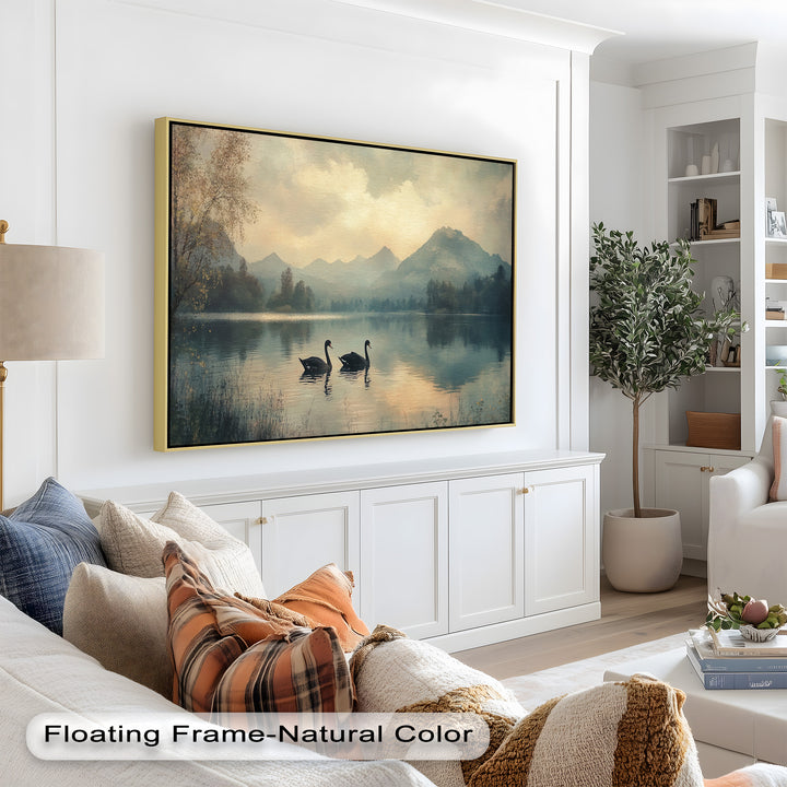 Black Swans on a Mountain Lake – Modern Oil Painting