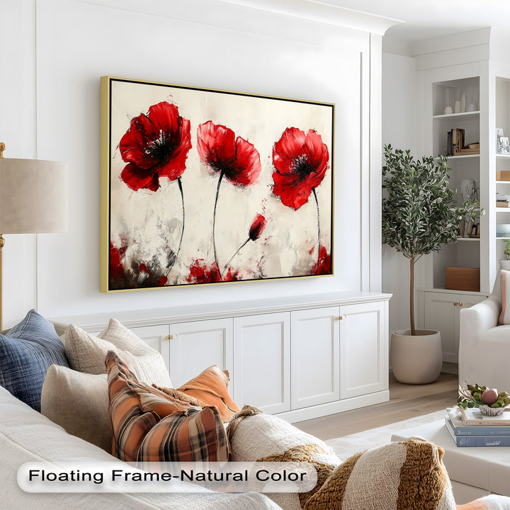 Crimson Elegance – Bold Red Poppies on Cream Flower Oil Painting
