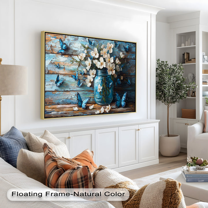 A stunning 3D oil painting effect artwork depicting a peaceful scene with white flowers in a blue vase, accented by striking blue butterflies on distressed wooden planks.