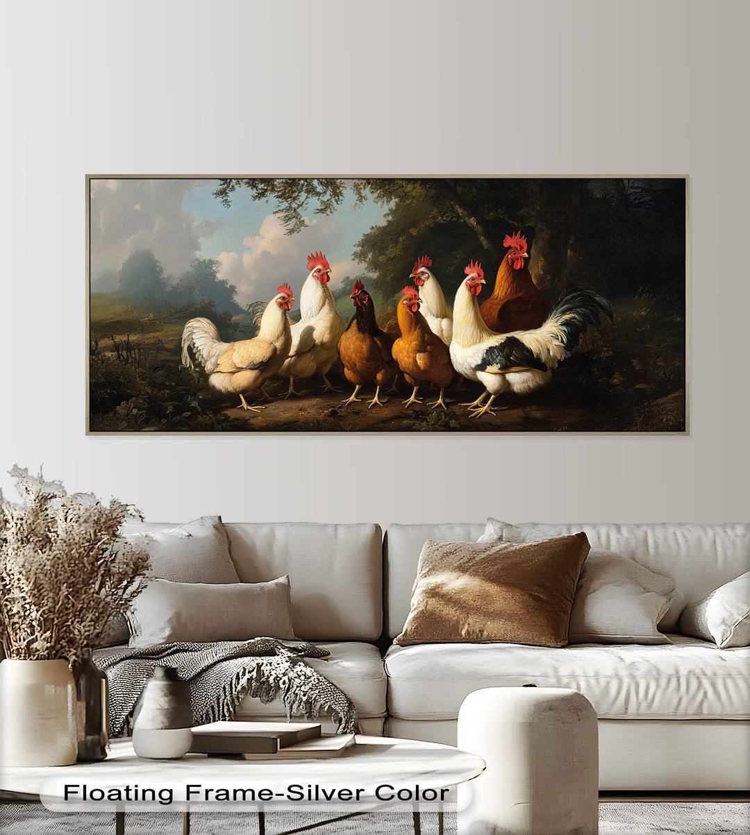 Roosters and Hens in a Countryside Clearing - Animal Oil Painting