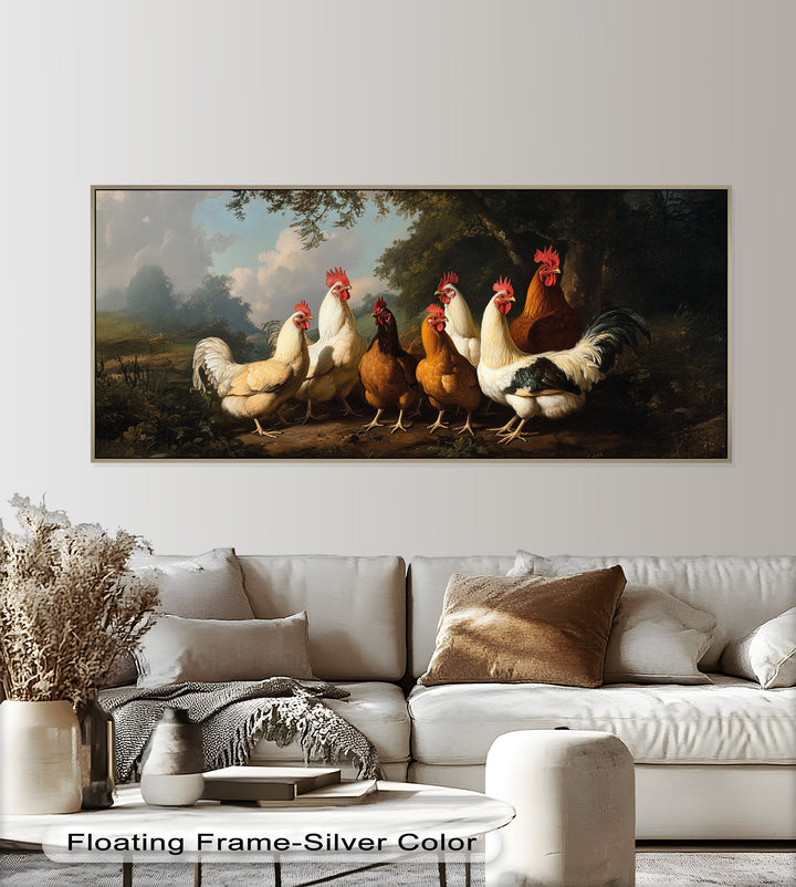 Roosters and Hens in a Countryside Clearing - Animal Oil Painting