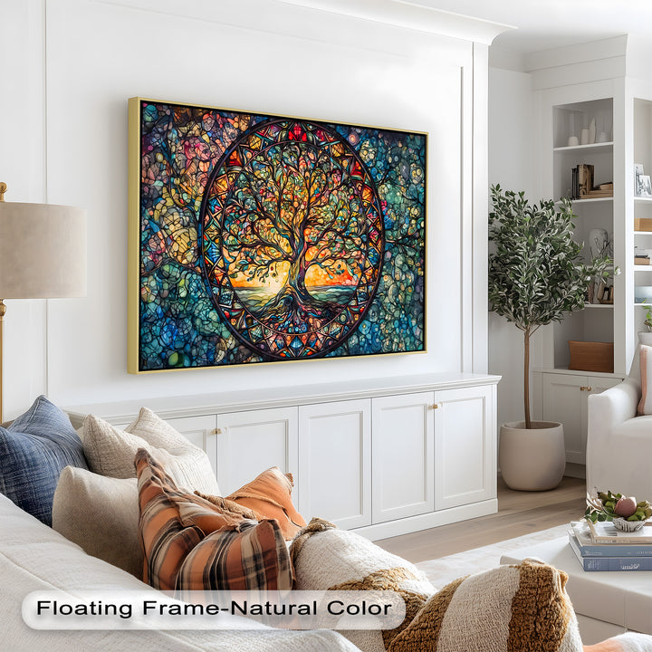 The tree’s flowing branches and glowing roots represent unity and growth, set against a vibrant sunset and shimmering ocean backdrop.


