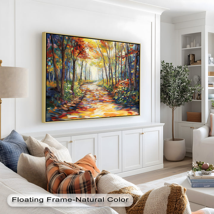 This hand-painted artwork showcases a dreamy forest trail illuminated by sunlight. The impressionist technique blends bold strokes of gold, crimson, and blue, making it a captivating centerpiece for any nature-inspired or contemporary space.