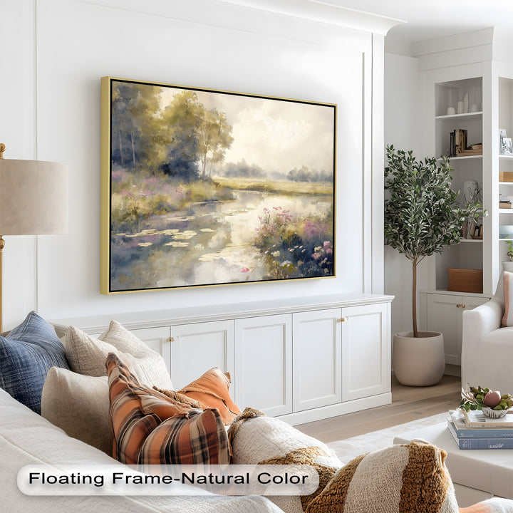 Soft Floral Riverside Wall Art – Romantic Nature Oil Painting