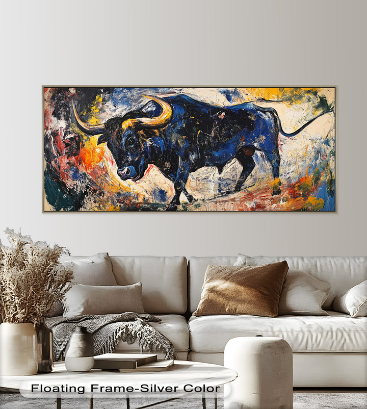 Fierce Blue Bull in Motion – Abstract Oil Painting