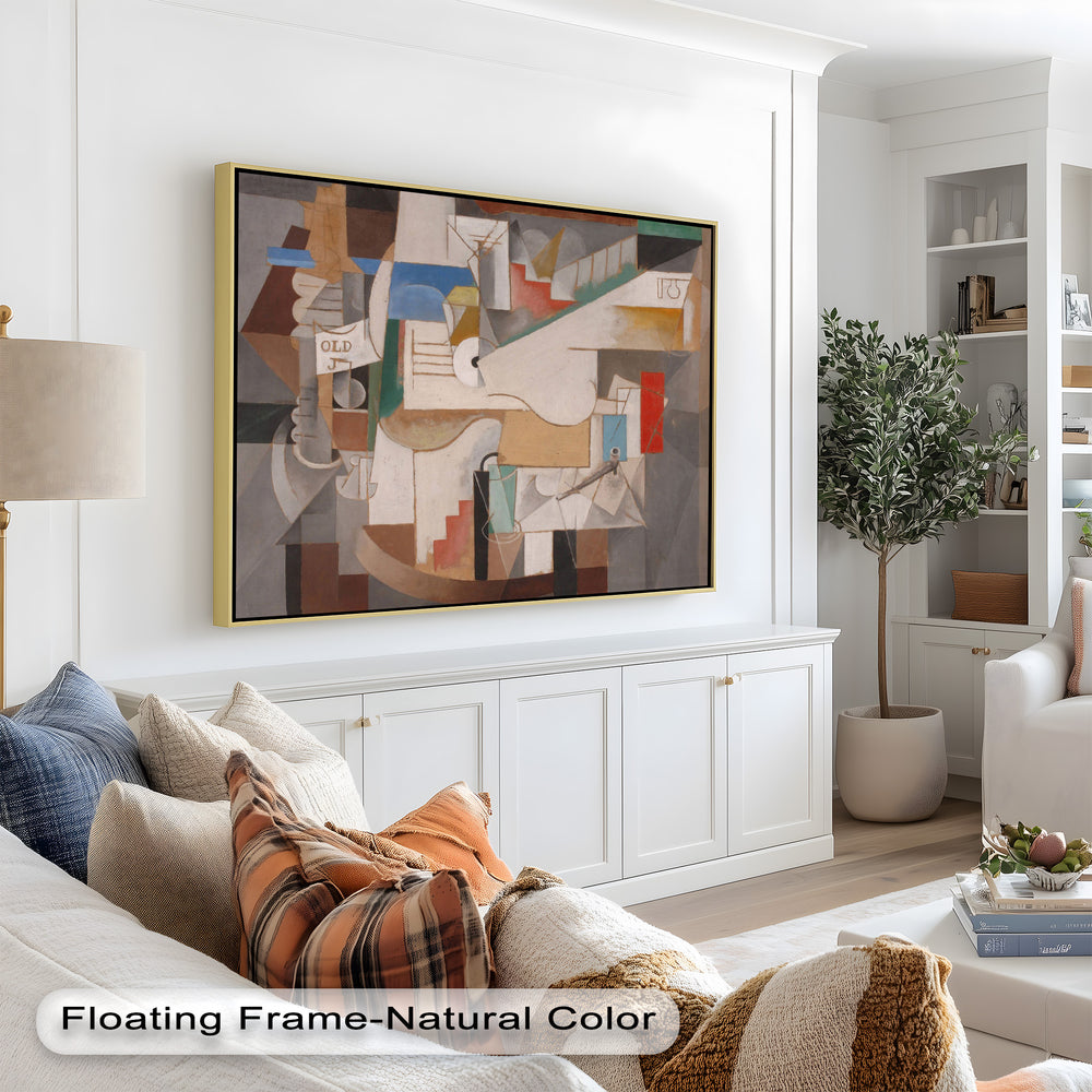 An abstract painting with overlapping planes and subdued colors, depicting deconstructed objects in a layered spatial arrangement.