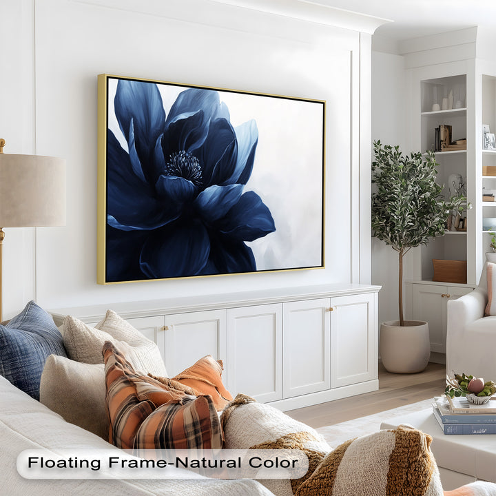 Midnight Bloom Wall Art – Navy Blue Floral Oil Painting