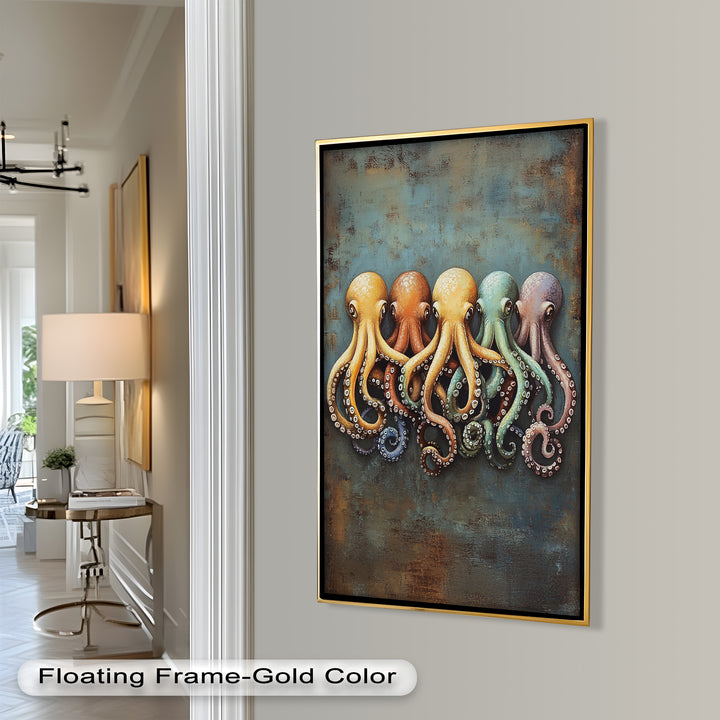 Whimsical Row of Octopuses – Colorful Sea Life Animal Oil Painting