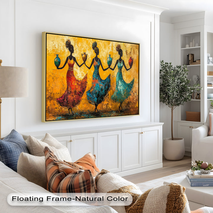 Farbenfrohe afrikanische Frauenkunst – Gerahmtes Ölgemälde