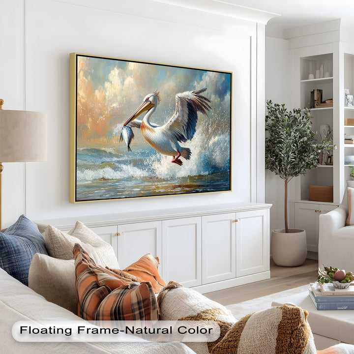 Pelican Catching Fish in Ocean Surf – Animal Oil Painting