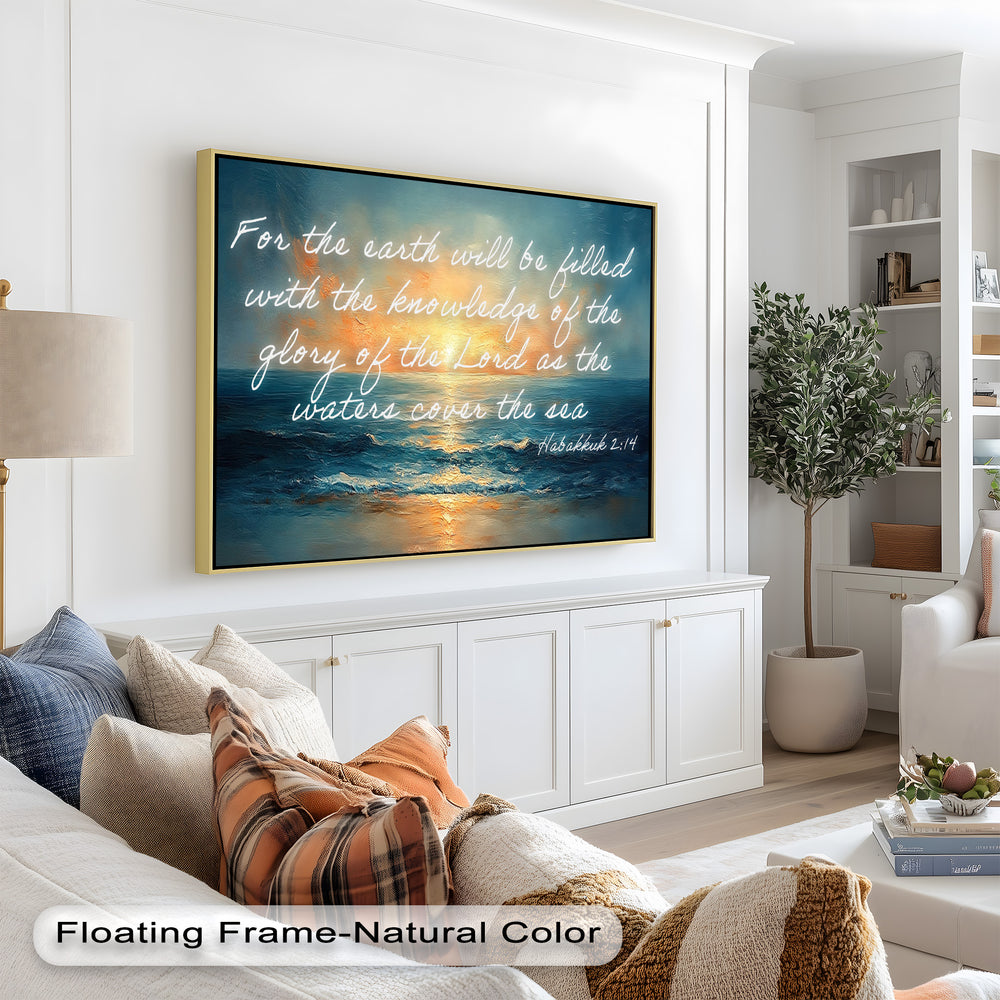 Golden seascape wall art featuring soft waves and a glowing sky.
