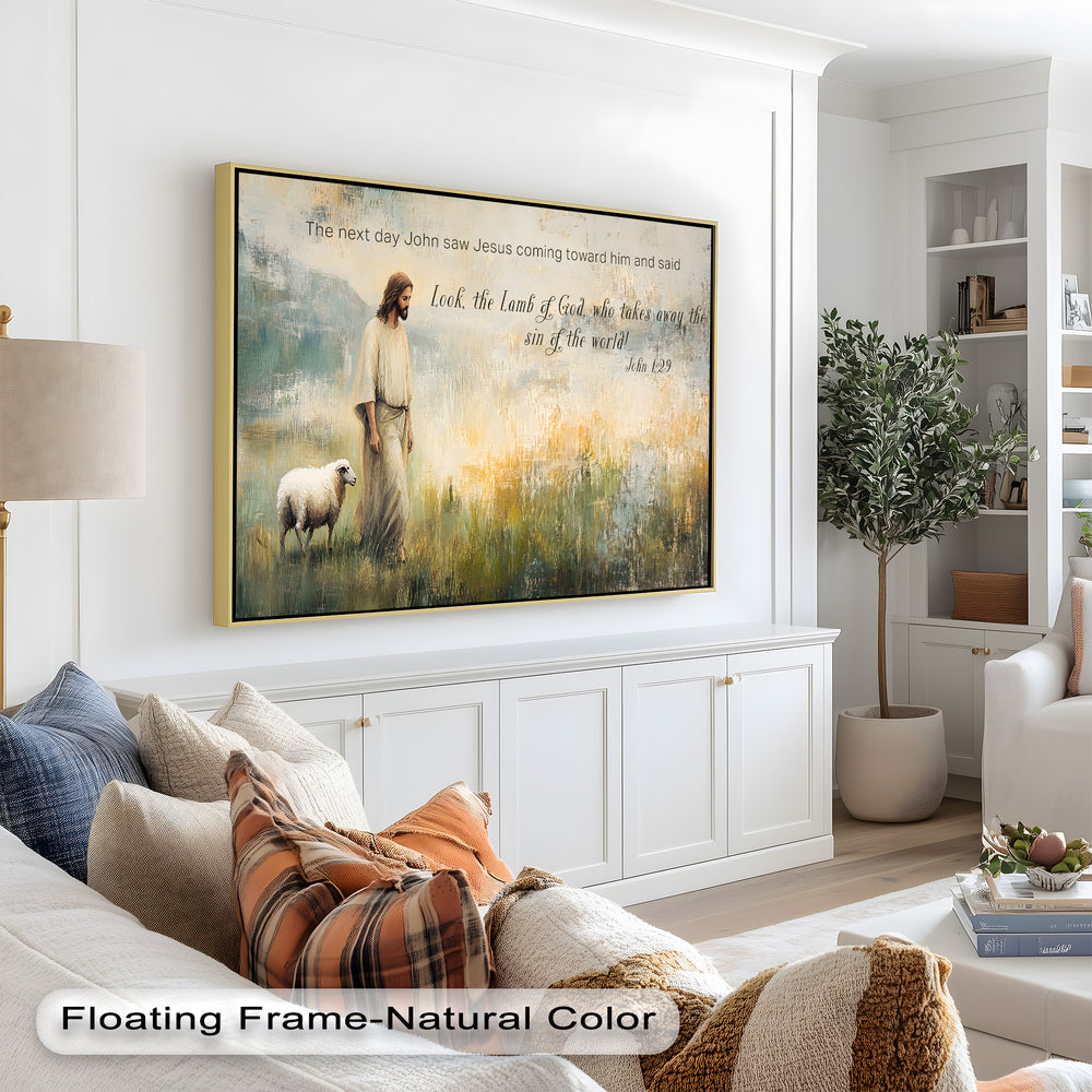 Biblical artwork depicting Christ as the Lamb of God in a soft, peaceful setting.

