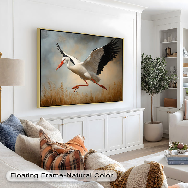 Stork in Flight over Golden Grasses – Animal Oil Painting