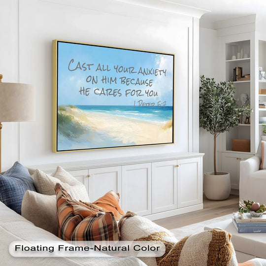 Tranquil coastal artwork symbolizing faith, trust, and divine care.
