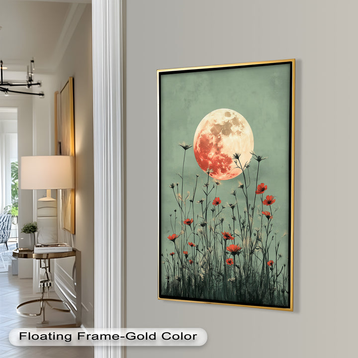 Celestial Wildflowers – Full Moon Over Red Meadow Blooms Oil Painting