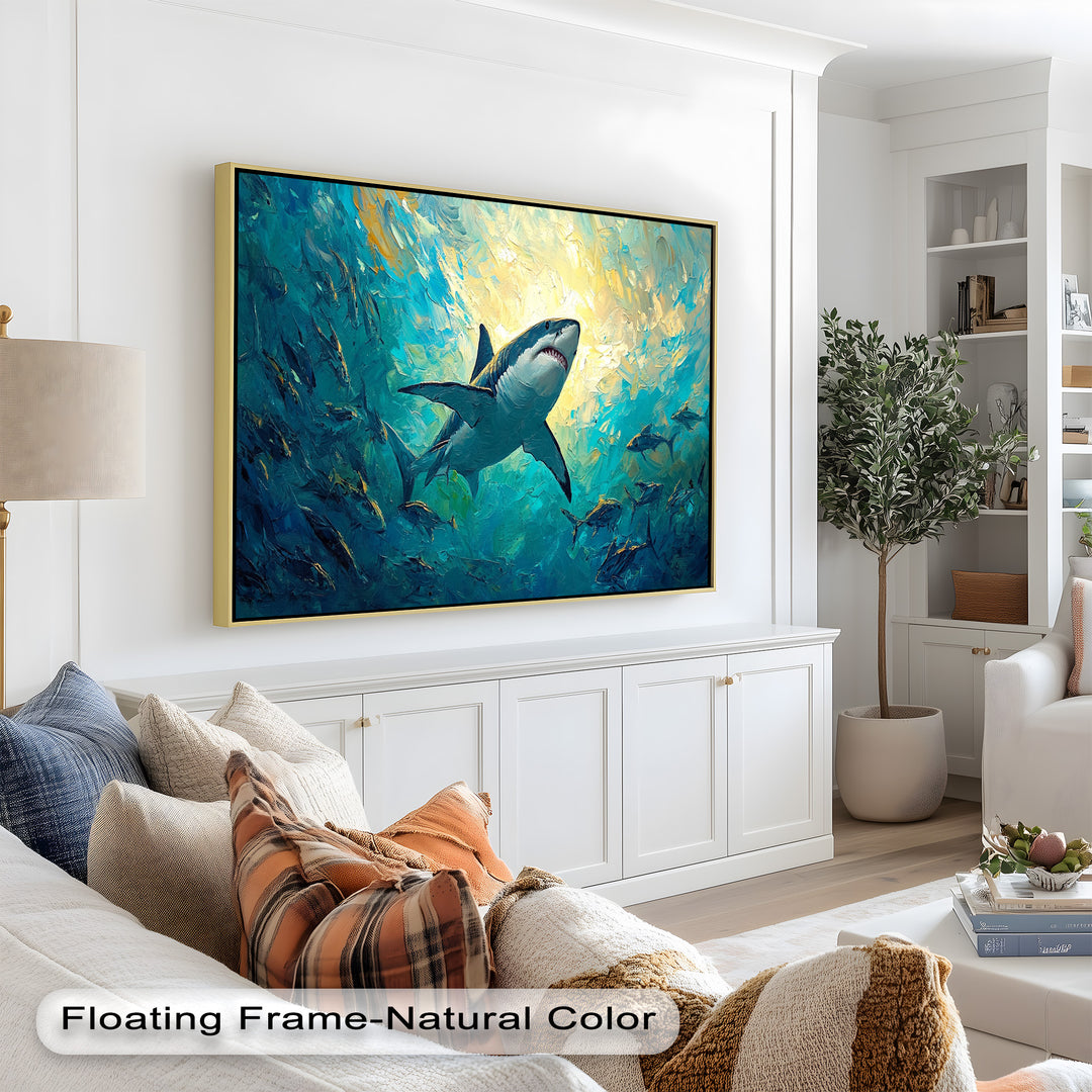 Great White Shark in Sunlit Ocean Depths – Animal Oil Painting