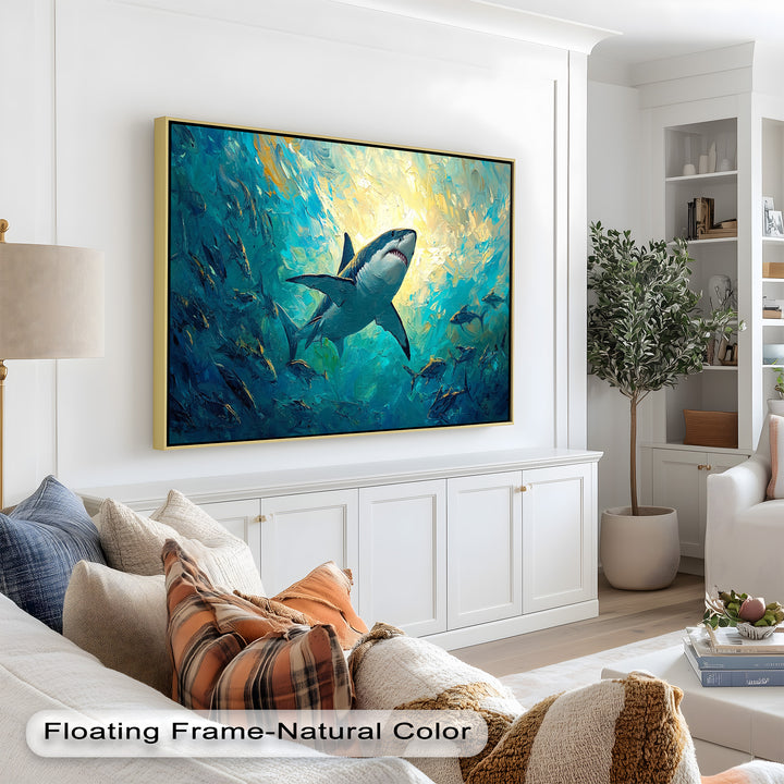 Great White Shark in Sunlit Ocean Depths – Animal Oil Painting