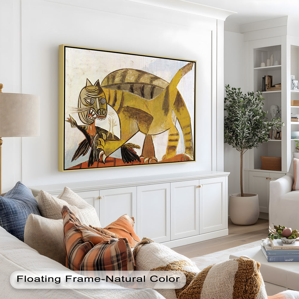 A stylized and symbolic scene of a cat attacking its prey, rendered in earthy tones and cubist-inspired lines.