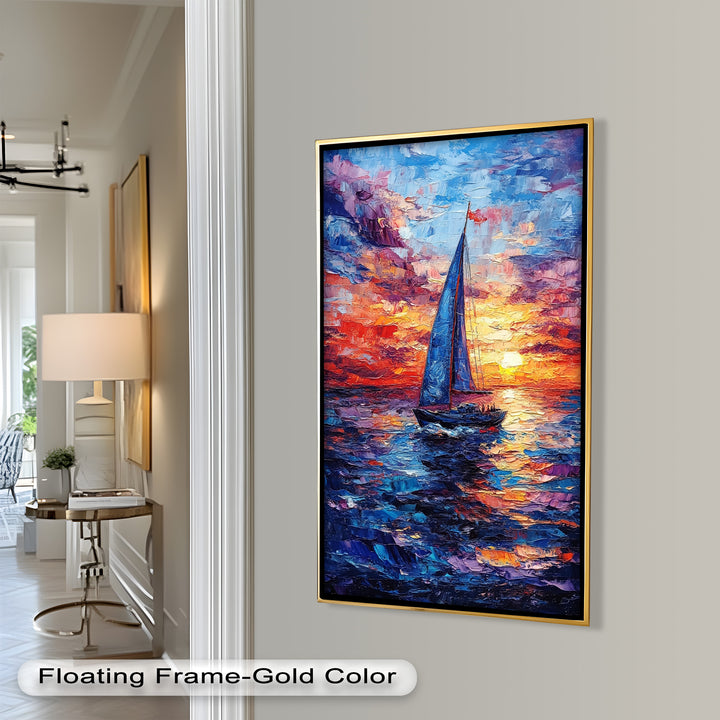 Crimson Horizon – Sunset Voyage Boat Oil Painting