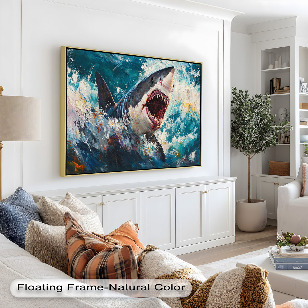 Ferocious Shark Emerging from Turbulent Waters – Animal Oil Painting