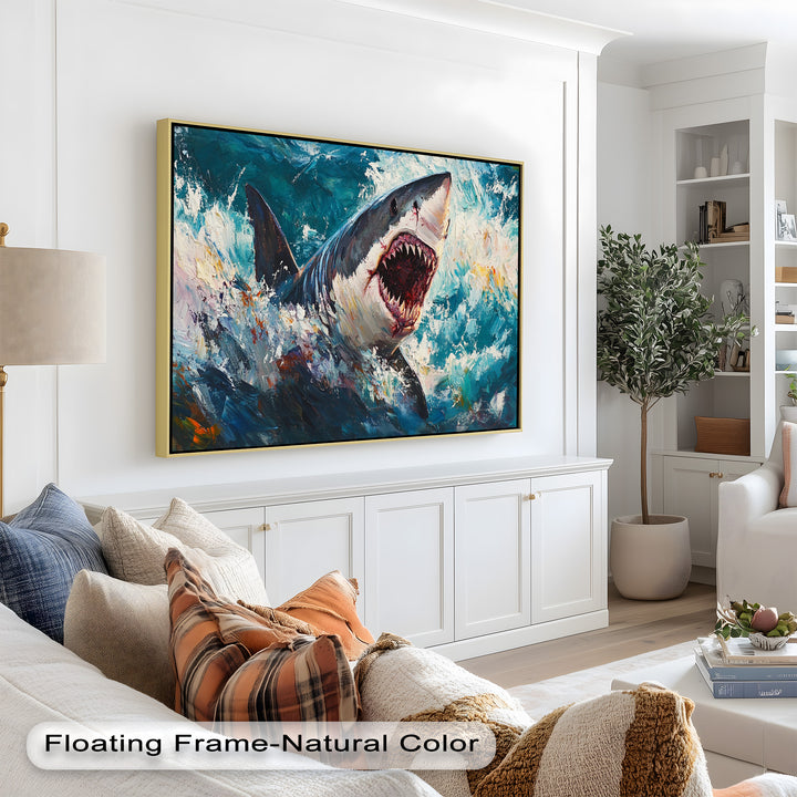 Ferocious Shark Emerging from Turbulent Waters – Animal Oil Painting