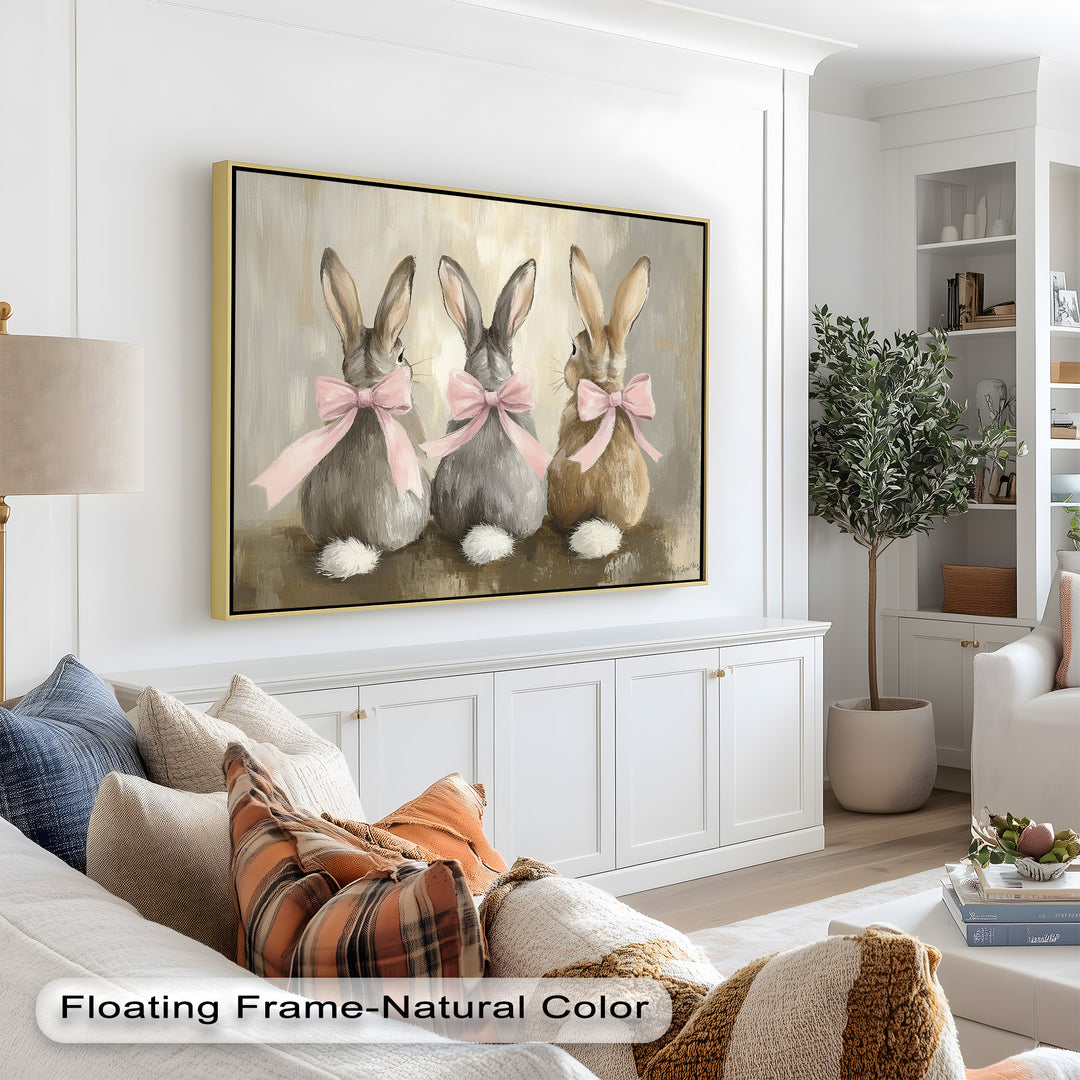 Trio of Bunnies with Pink Bows – Animal Oil Painting