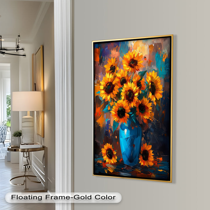 Sunlit Joy – Bold Sunflowers in Blue Vase Oil Painting