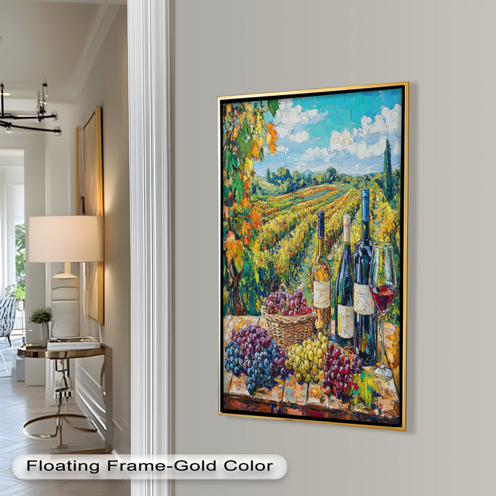 Wine Bottles and Grapes in Sunlit Fields - Still Life Oil Painting