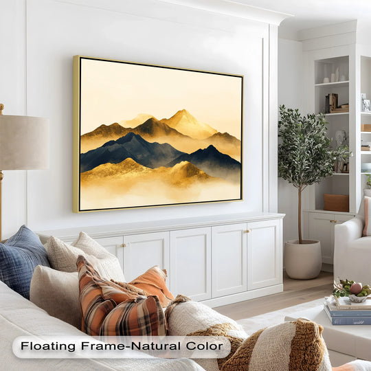 The crisp edge and thin gold border frame a captivating modern oil painting art depiction of gold and black mountains in a contemporary style.