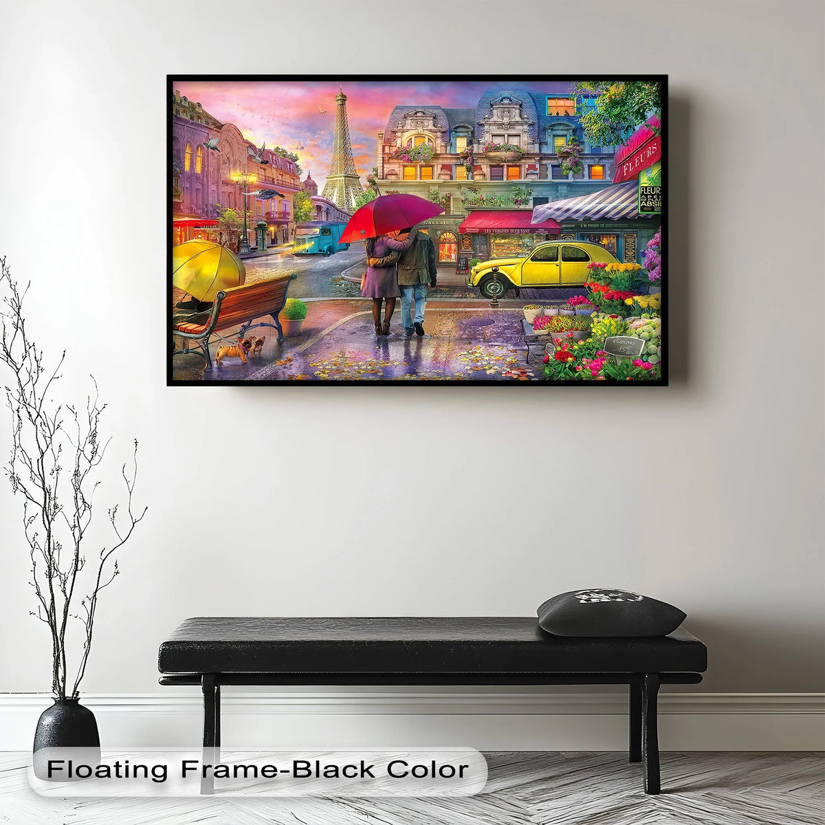 Capturing the realistic detail, this oil painting artwork depicts a romantic cityscape with the Eiffel Tower and a couple embracing under an umbrella in rainy Paris.