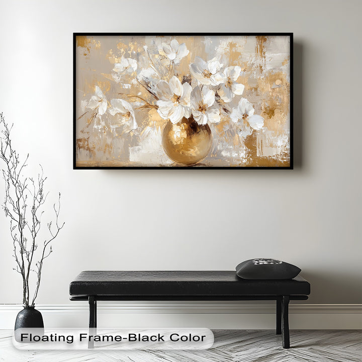 Golden Vase with White Florals – Flower Oil Painting