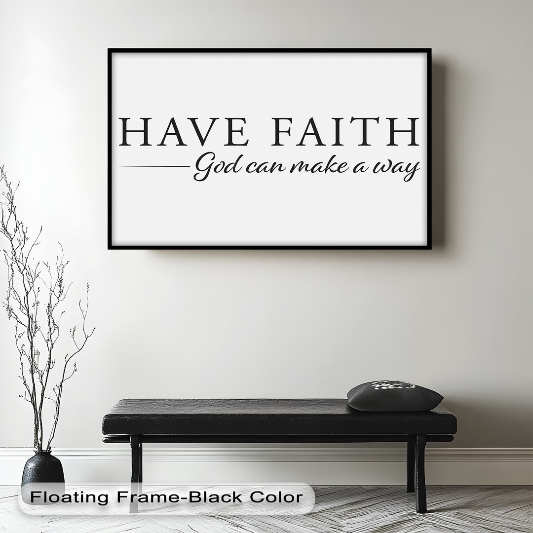 Black and white faith quote art for modern Christian interiors.
