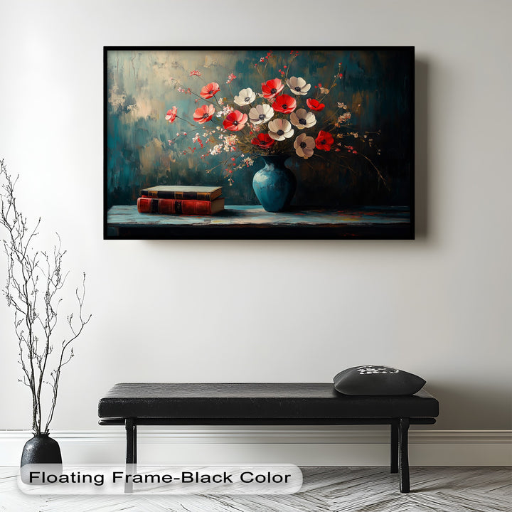 Vibrant Floral Vase with Books – Botanical Oil Paintings