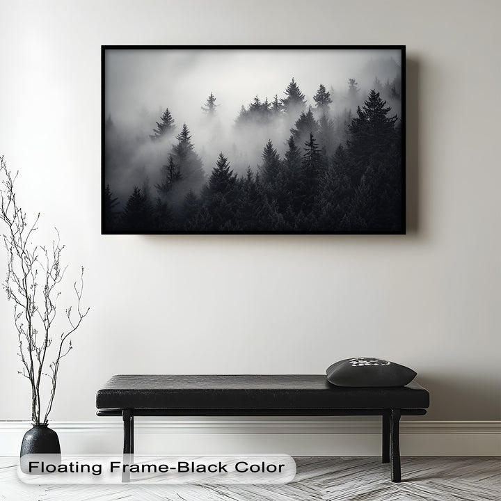 Dark evergreen forest art with haunting mist effect.
