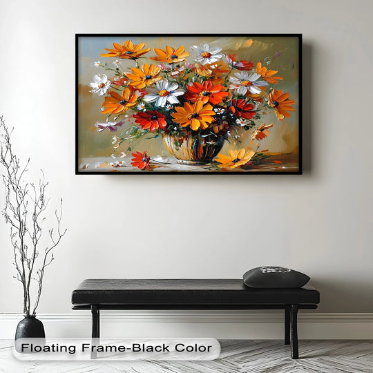 Highlighting the abstract quality, the vibrant oil painting home decor bursts with impressionistic orange and white botanical shapes in a textured and energetic display.