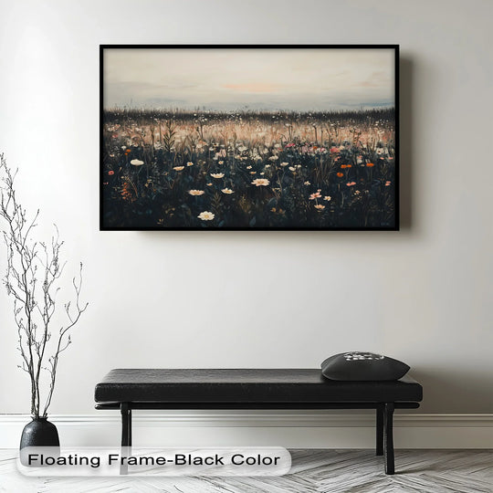 Sunlit wildflower meadow highlights the brightest area in this Wildflower Horizon framed oil painting, showcasing modern oil painting art under a subtle sunset glow.