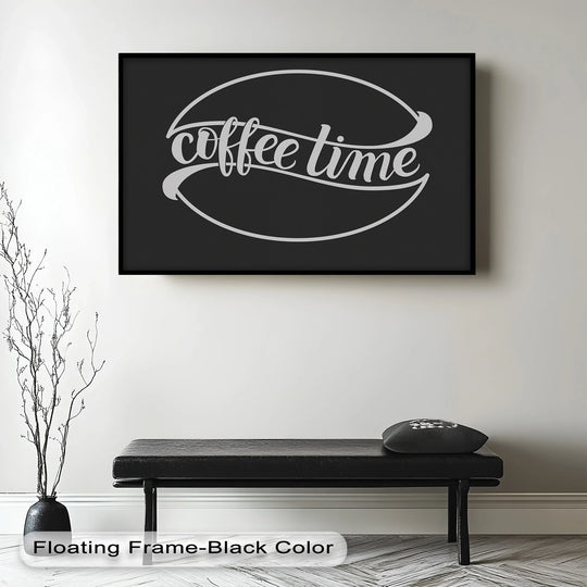 Painted a soft white, the background complements the Coffee Time oil painting reproduction print featuring a playful typographic design.