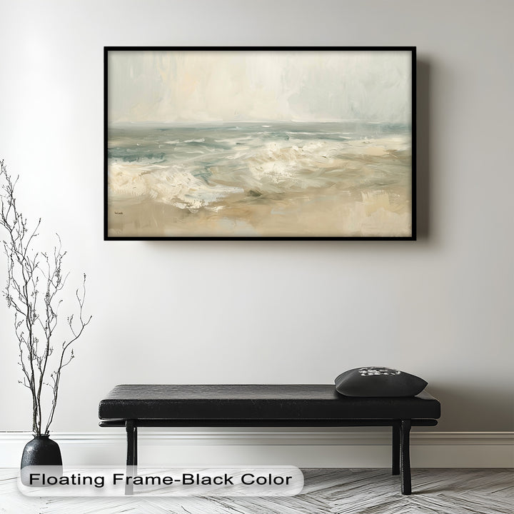 Modern Earthy Green Abstract Landscape – Coastal Serenity Oil Painting